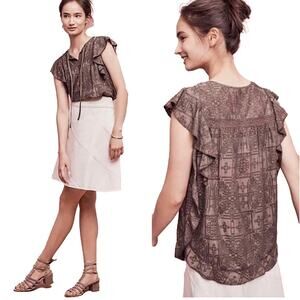 Anthropologie Hiche Olive Green Embroidered Top Blouse Sz. S cotton silk